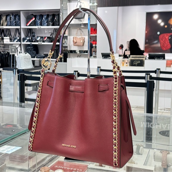 Michael Kors Mina Large Chain Shoulder Pebbled Leather Bag Dark Cherry - Picture 4 of 14